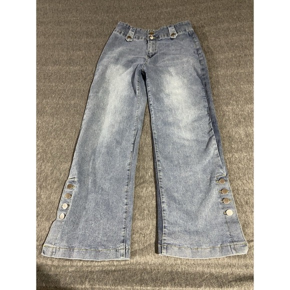 The Unbranded Brand Denim - High Waisted Wide Leg Jeans Light Wash Button Fly Snap Hem Denim Blue